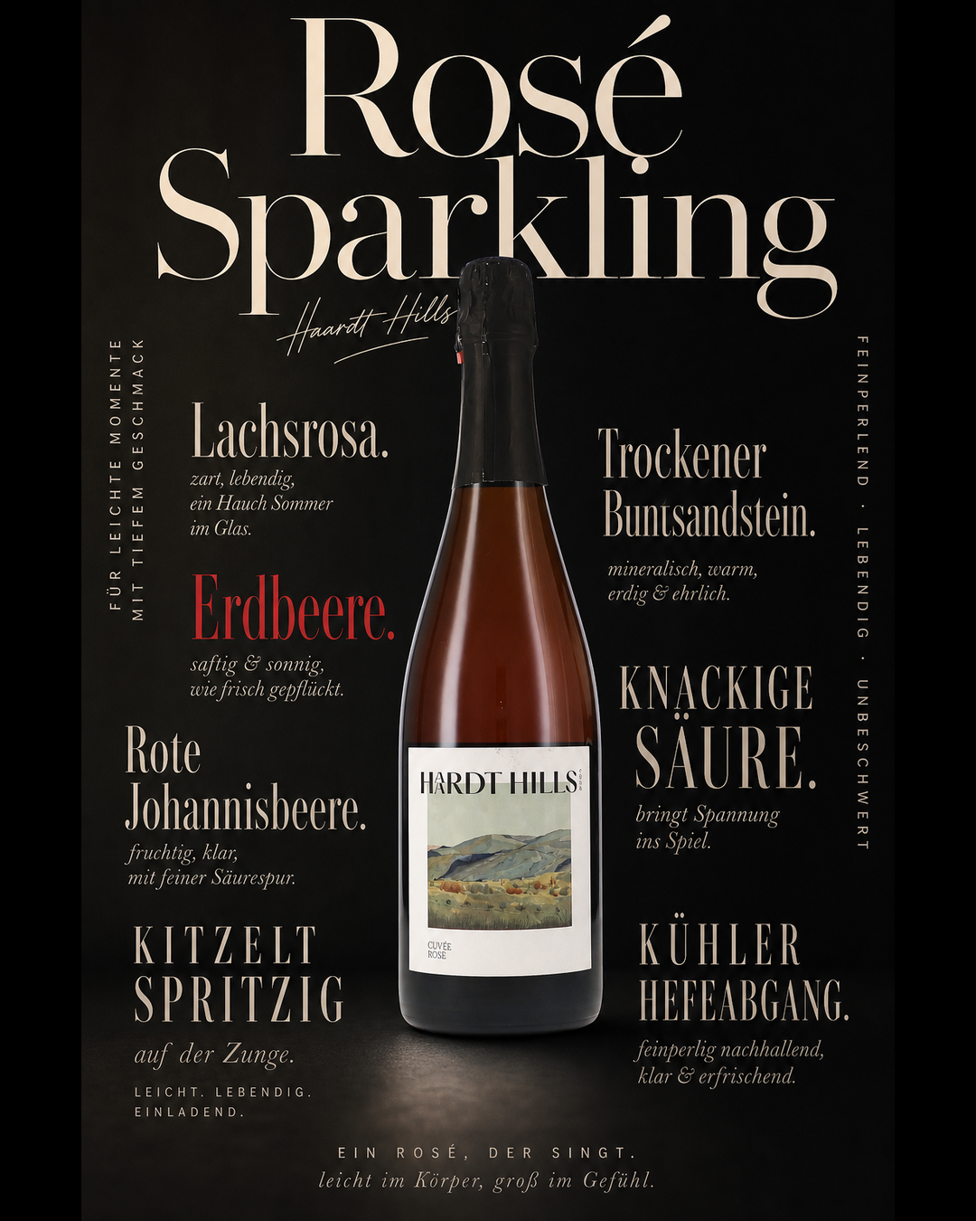 Rosé Sparkling — Lachsrosa. Erdbeere. Rote Johannisbeere. Kitzelt spritzig auf der Zunge. Trockener Buntsandstein. Knackige Säure. Kühler Hefeabgang.