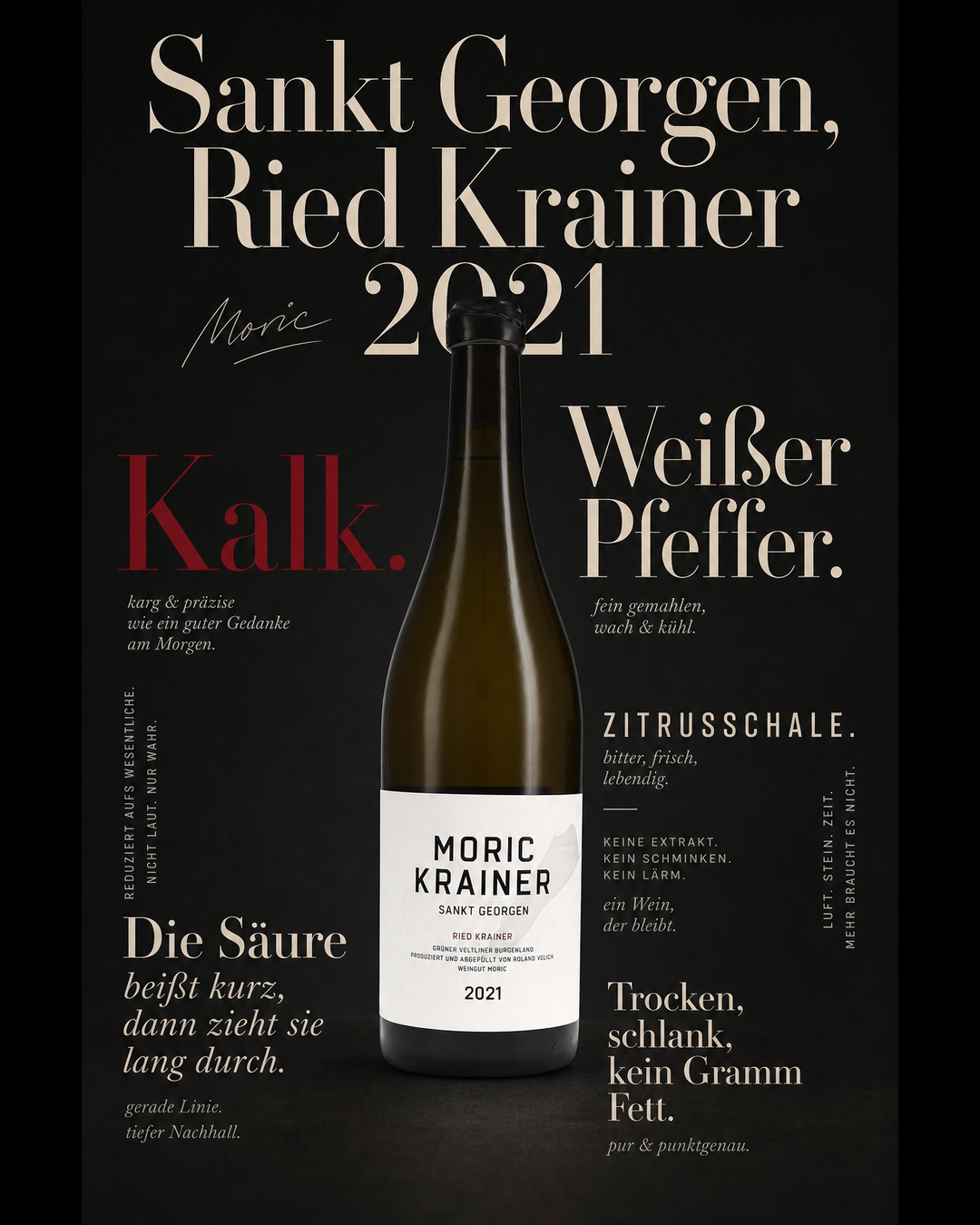 Sankt Georgen, Ried Krainer 2021 — Kalk. Weißer Pfeffer. Zitrusschale. Die Säure beißt kurz, dann zieht sie lang durch. Trocken, schlank, kein Gramm Fett.