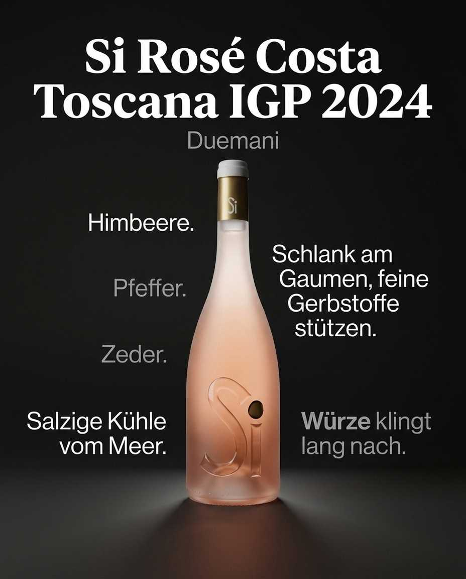 Si Rosé Costa Toscana IGP 2024 — Himbeere. Pfeffer. Zeder. Salzige Kühle vom Meer. Schlank am Gaumen, feine Gerbstoffe stützen. Würze klingt lang nach.