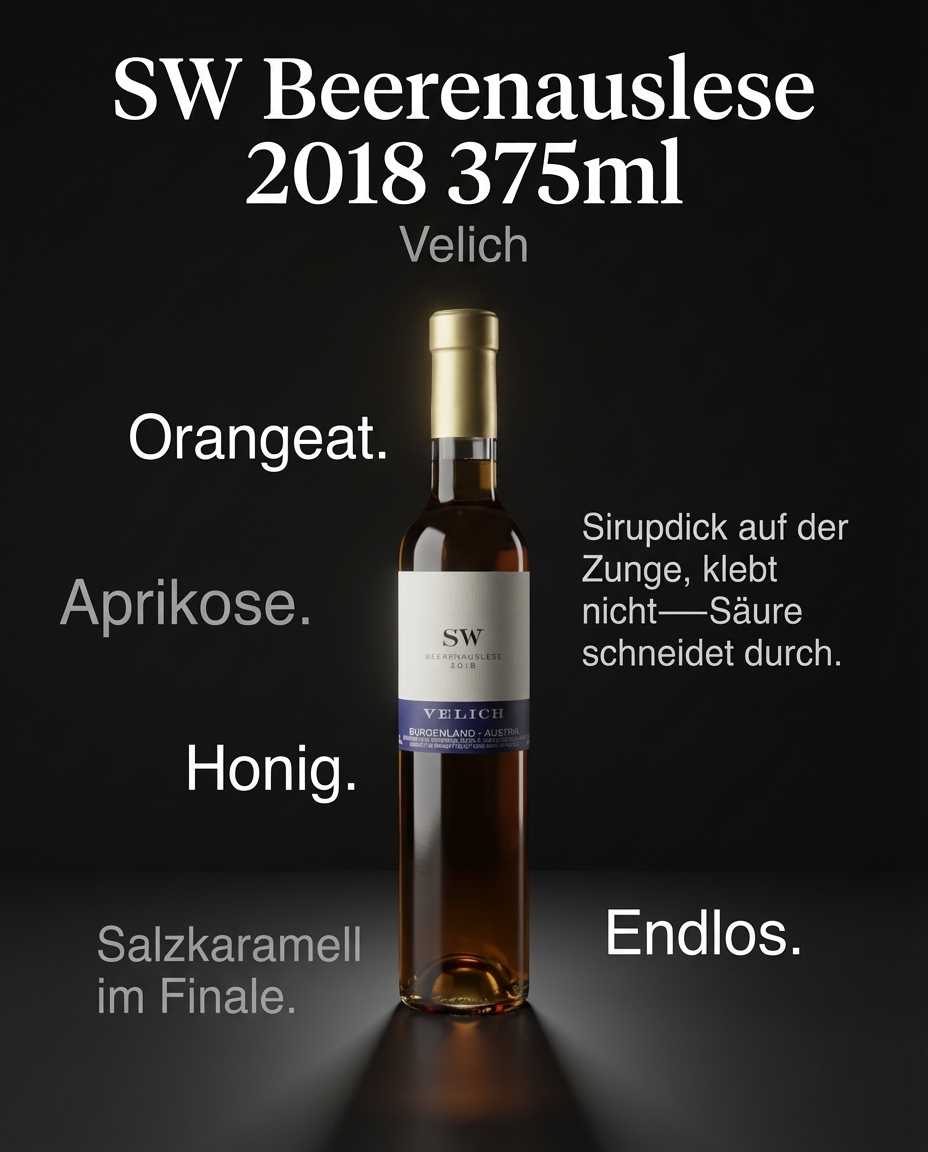 SW Beerenauslese 2018 375ml — Orangeat. Aprikose. Honig. Sirupdick auf der Zunge, klebt nicht—Säure schneidet durch. Salzkaramell im Finale. Endlos.