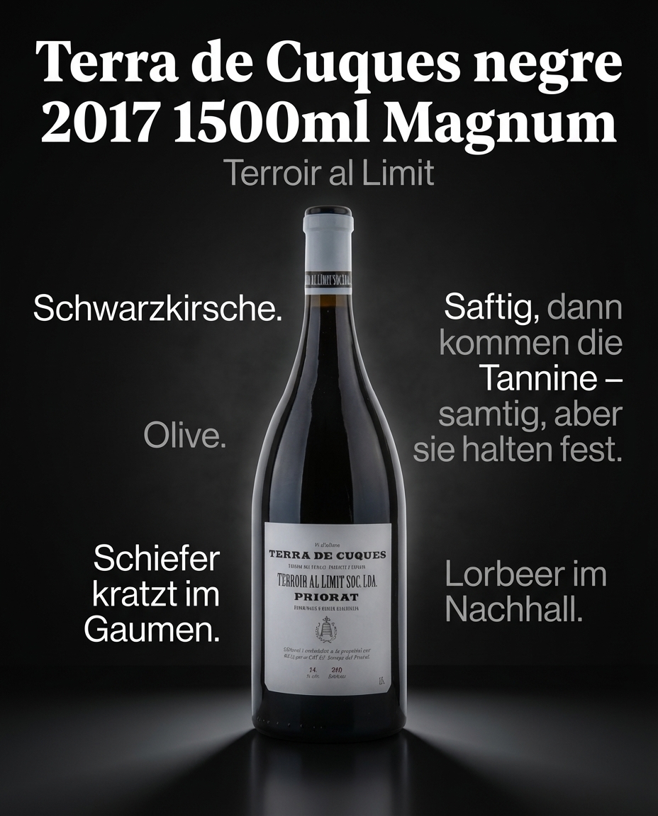 Terra de Cuques negre 2017 1500ml Magnum — Schwarzkirsche. Olive. Schiefer kratzt im Gaumen. Saftig, dann kommen die Tannine – samtig, aber sie halten fest. Lorbeer im Nachhall.