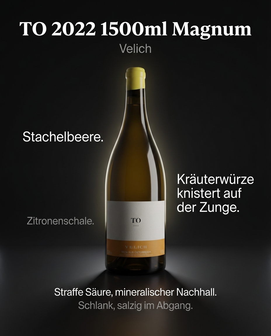 TO 2022 1500ml Magnum — Stachelbeere. Zitronenschale. Kräuterwürze knistert auf der Zunge. Straffe Säure, mineralischer Nachhall. Schlank, salzig im Abgang.
