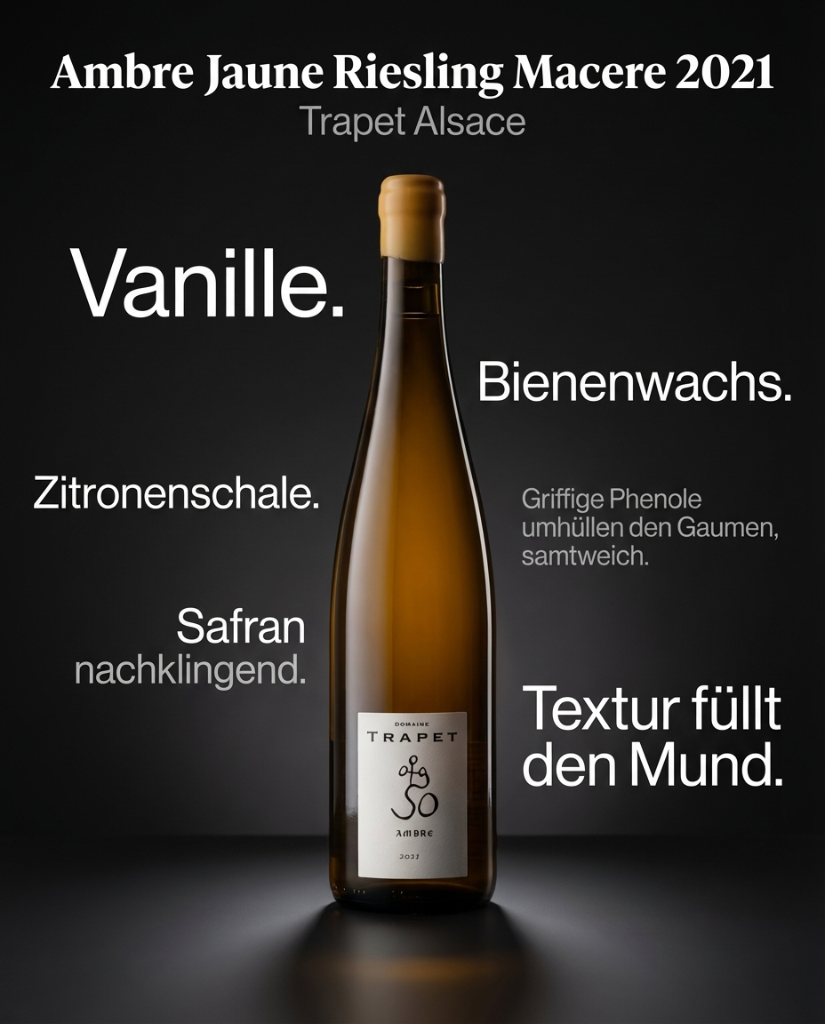 Ambre Jaune Riesling Macere 2021 — Vanille. Zitronenschale. Bienenwachs. Griffige Phenole umhüllen den Gaumen, samtweich. Safran nachklingend. Textur füllt den Mund.