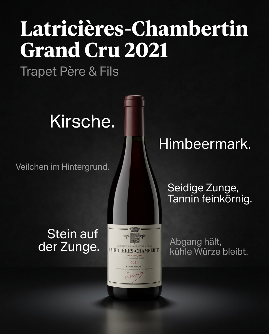 Latricières-Chambertin Grand Cru 2021 — Kirsche. Himbeermark. Veilchen im Hintergrund. Seidige Zunge, Tannin feinkörnig. Stein auf der Zunge. Abgang hält, kühle Würze bleibt.