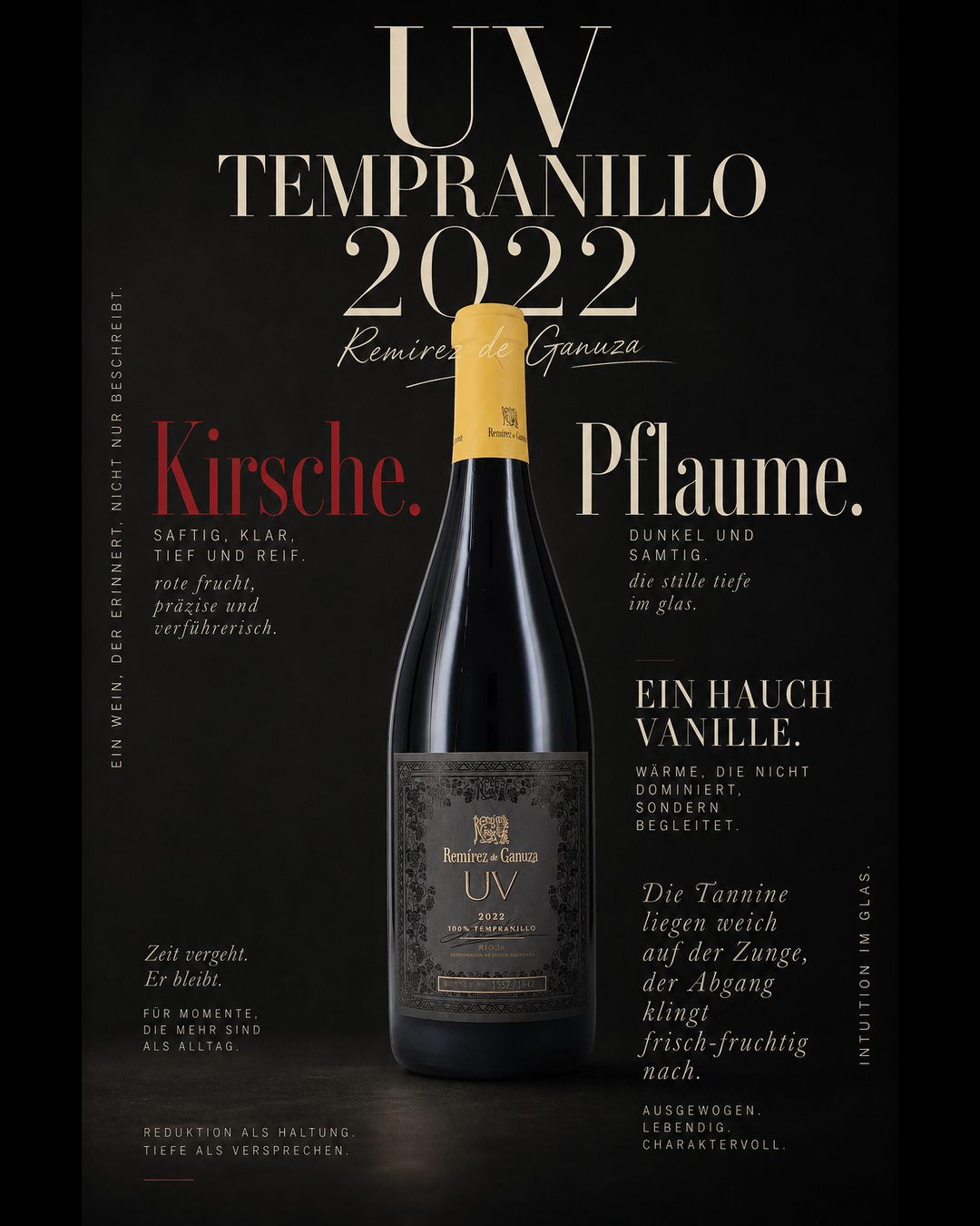 UV Tempranillo 2022 — Kirsche. Pflaume. Ein Hauch Vanille. Die Tannine liegen weich auf der Zunge, der Abgang klingt frisch-fruchtig nach.