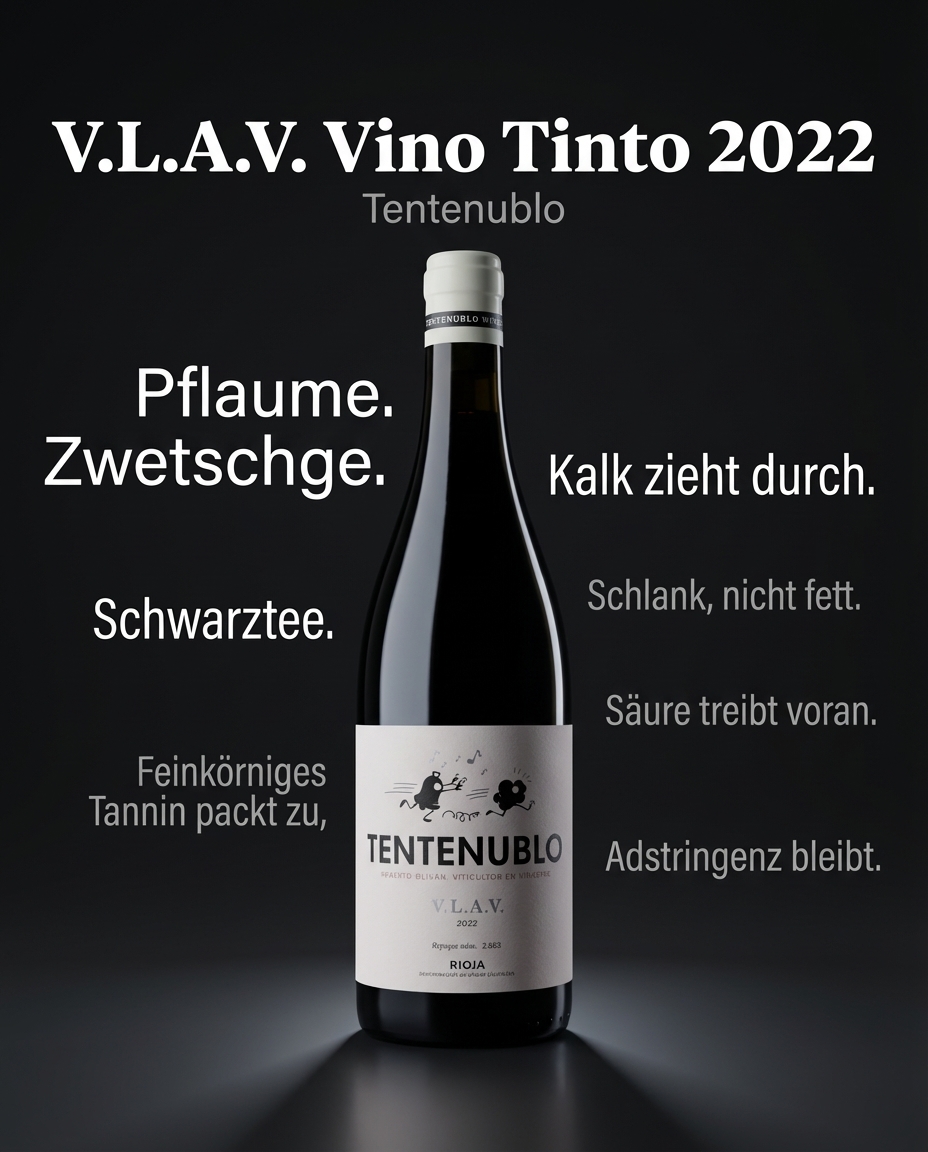 V.L.A.V. Vino Tinto 2022 — Pflaume. Zwetschge. Schwarztee. Feinkörniges Tannin packt zu, Säure treibt voran. Kalk zieht durch. Schlank, nicht fett. Adstringenz bleibt.