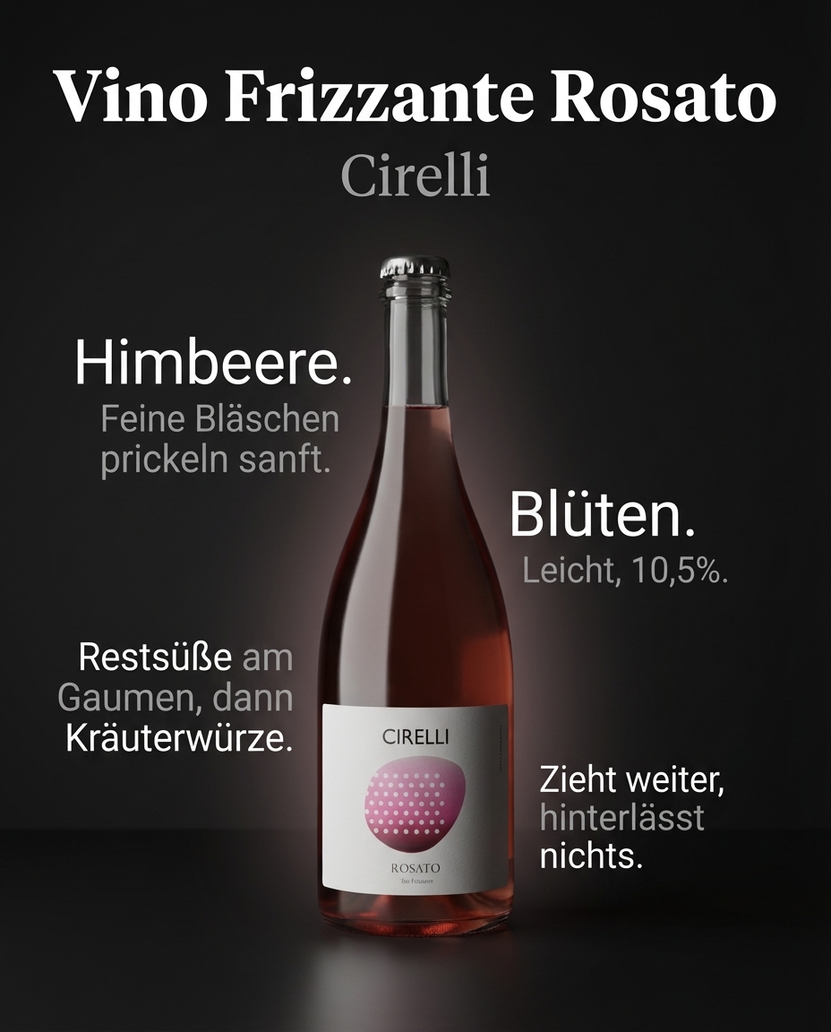 Vino Frizzante Rosato — Himbeere. Blüten. Feine Bläschen prickeln sanft. Restsüße am Gaumen, dann Kräuterwürze. Leicht, 10,5%. Zieht weiter, hinterlässt nichts.