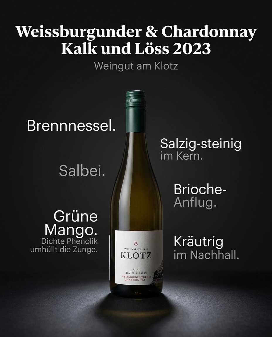 Weissburgunder & Chardonnay Kalk und Löss 2023 — Brennnessel. Salbei. Grüne Mango. Dichte Phenolik umhüllt die Zunge. Salzig-steinig im Kern. Brioche-Anflug. Kräutrig im Nachhall.