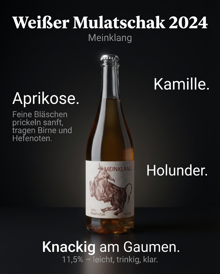 Weißer Mulatschak 2024 — Aprikose. Kamille. Holunder. Feine Bläschen prickeln sanft, tragen Birne und Hefenoten. Knackig am Gaumen. 11,5% – leicht, trinkig, klar.