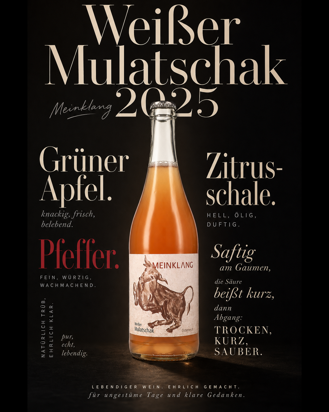Weißer Mulatschak 2025 — Grüner Apfel. Pfeffer. Zitrusschale. Saftig am Gaumen, die Säure beißt kurz, dann Abgang: trocken, kurz, sauber.